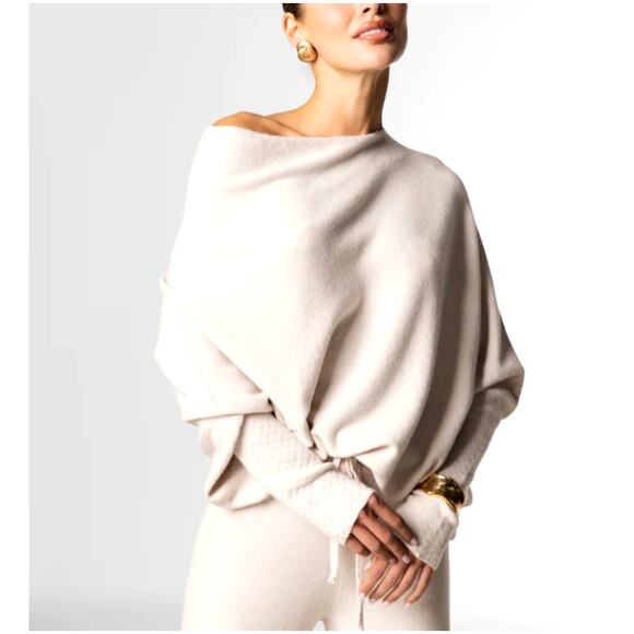 Jaki Sweaters - Jaki Women's Light Beige Asymmetric Draped Seamless Knitted Jumper Size S/M